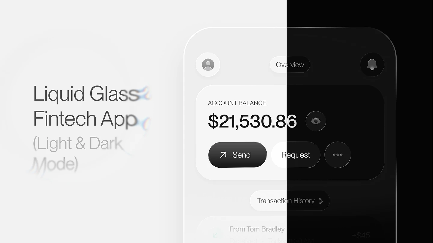 Liquid Glass Fintech App (Light & Dark Theme)